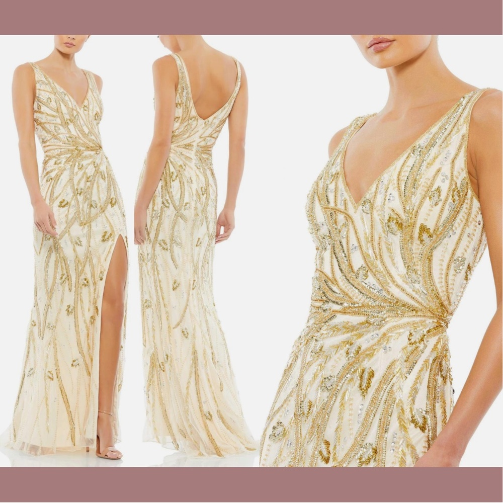 NWT $598 Mac Duggal [ 6 ] Beaded Sleeveless V‎ Neck Gown in Nude Gold